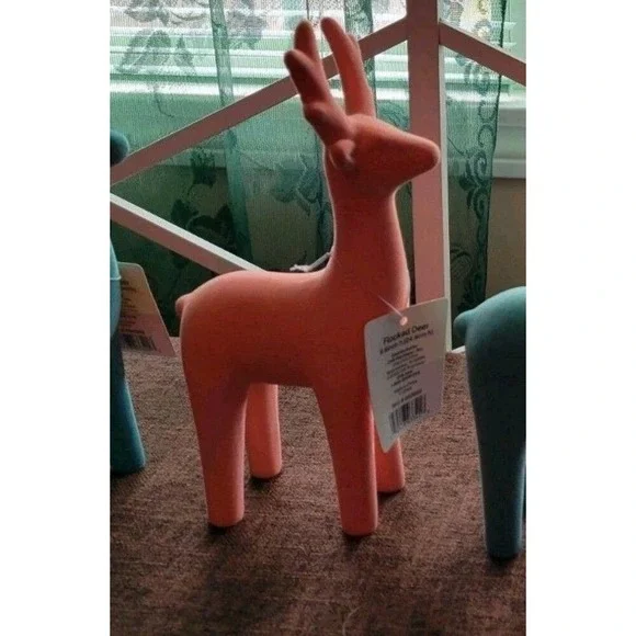 Deer Figurines in Coral Orange Joyward Flocked 9.6" Soft Feel, Set of 2 - NEW - Picture 3 of 7